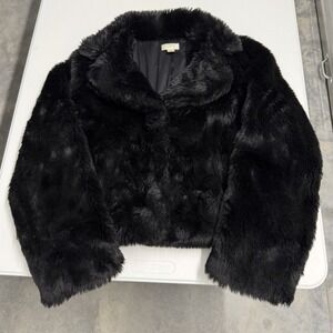 Ann Taylor LOFT Black Faux Fur Jacket Cropped Button Front Coat Womens Size 10